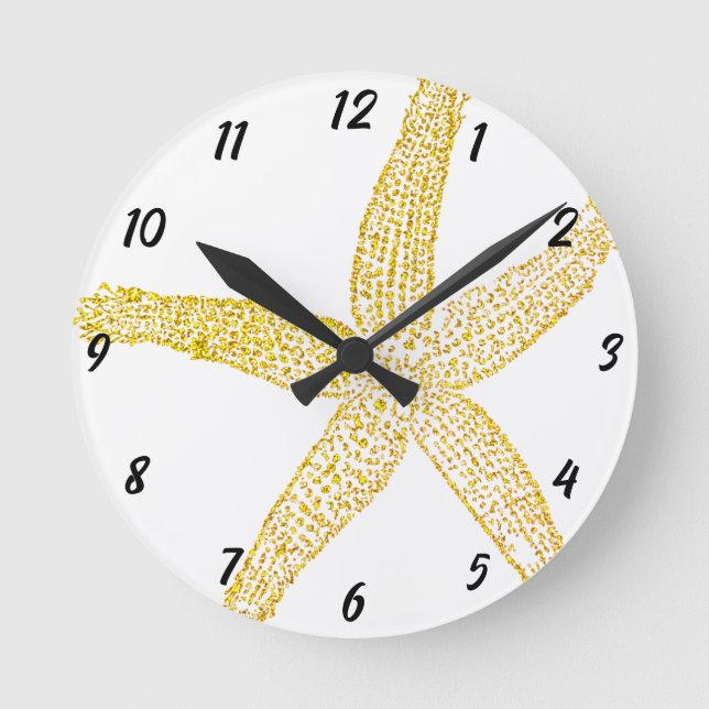 Starfish Guld Glitter Gult White Beach House Rund Klocka (Framsida)