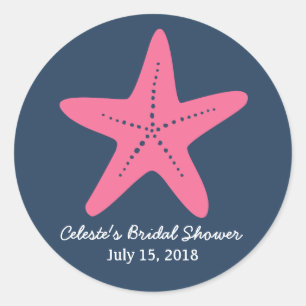 Starfish Nautical Round Sticker, Navy Blue Rosa Runt Klistermärke