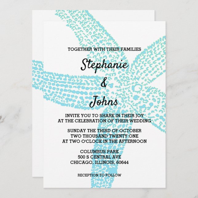 Starfish Nautical Teal Blue White Beach Wedand Inbjudningar (Fram/baksida)