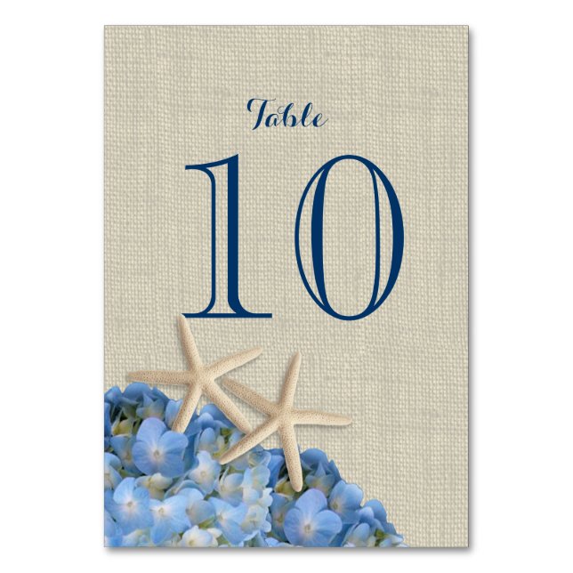 Starfish och Blue Hydrangea Bordsnummer Card (Framsidan)