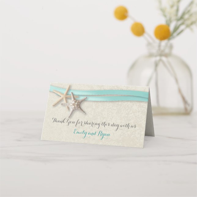 Starfish och Ribbon Aqua Beach Wedding Placeringskort (Baksida)