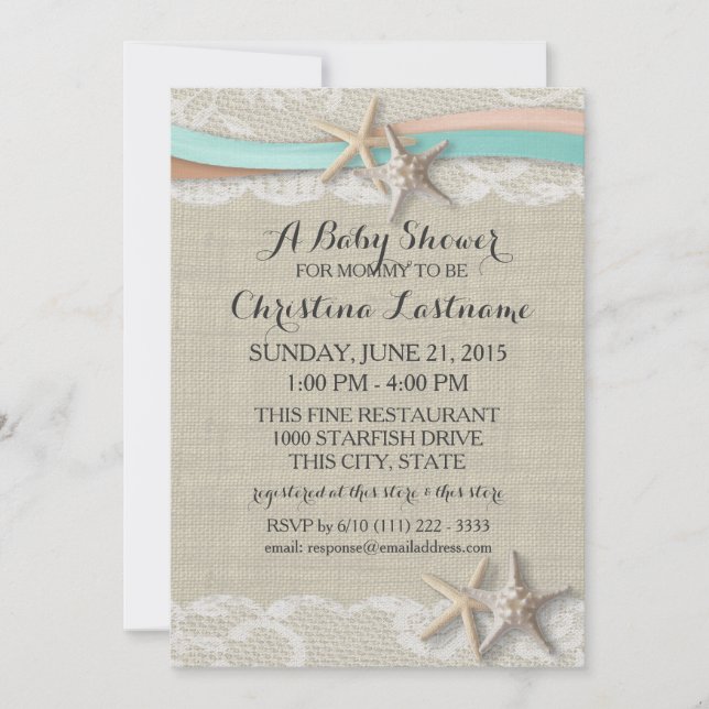 Starfish och Ribbon Aqua Peach Baby Shower Inbjudningar (Framsida)