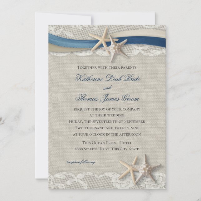 Starfish och Ribbon Beach Navy Blue and Champagne Inbjudningar (Framsida)