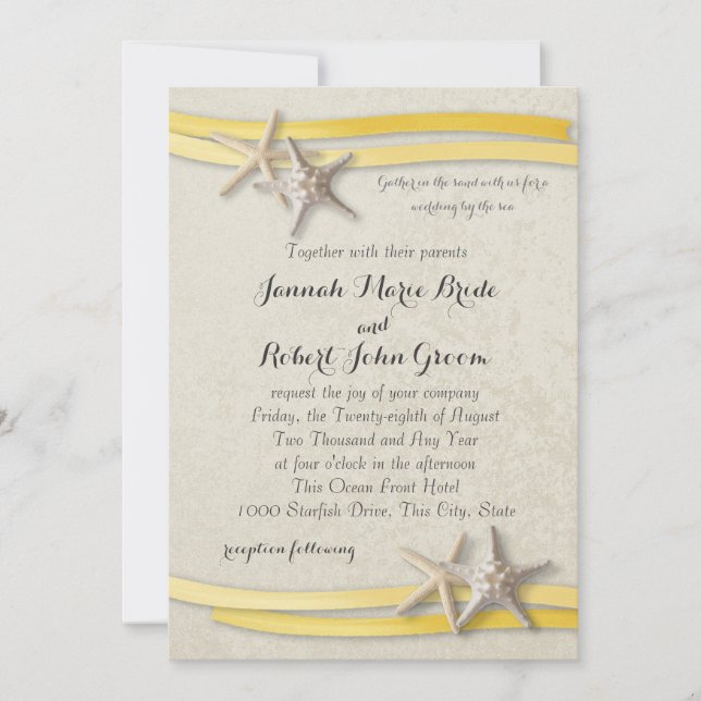 Starfish och Ribbon Gult Beach Wedding Inbjudningar (Framsida)