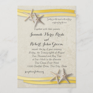 Starfish och Ribbon Gult Beach Wedding Inbjudningar