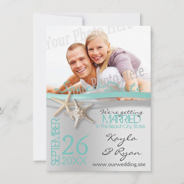 Starfish och Ribbon Save the Date with Photo Spara Datumet (Framsida)