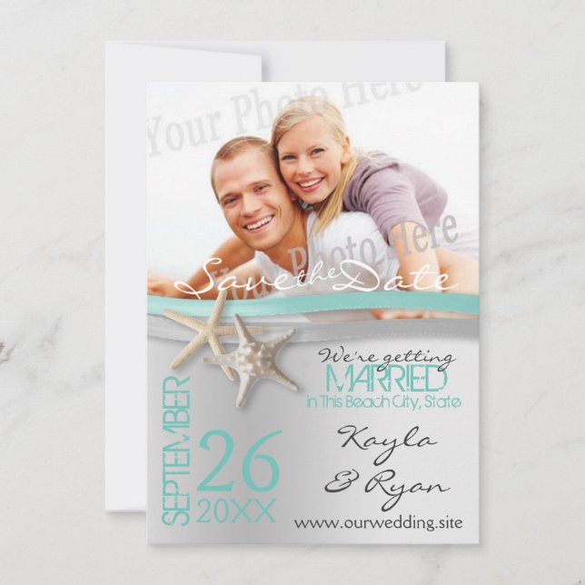 Starfish och Ribbon Save the Date with Photo Spara Datumet (Framsida)