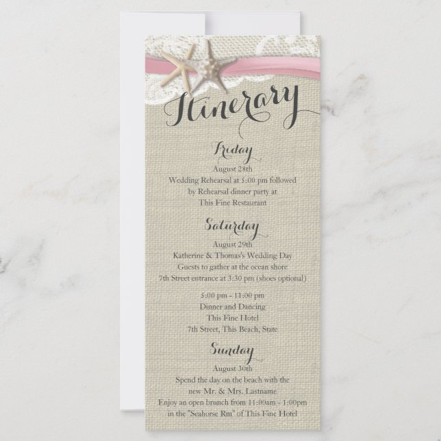 Starfish och Snöre Rustic Beach Wedding Itinerary (Framsida)