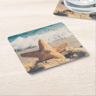 Starfish on a Sandy Beach Photographic Underlägg Papper Kvadrat