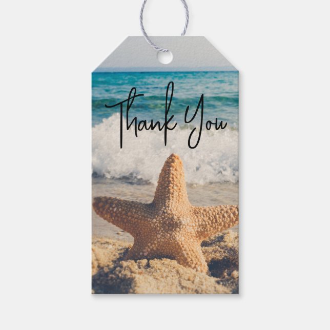 Starfish on a Sandy Beach Photogratograph Tack Presentetikett (Framsidan)