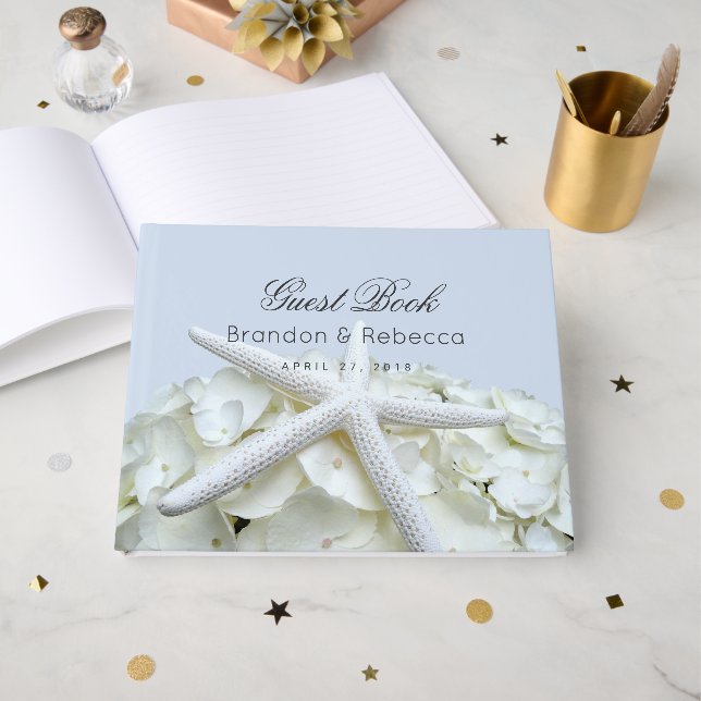 Starfish on Hydrangea Light Blue Bröllop Guest Bok (Framsida Öppen)