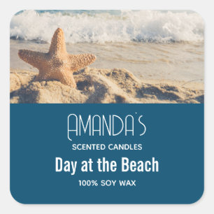 Starfish på en Sandy Beach Photograph Candle Biz Fyrkantigt Klistermärke