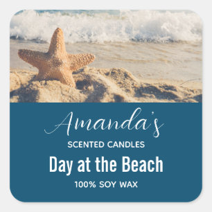 Starfish på en Sandy Beach Photograph Candle Biz Fyrkantigt Klistermärke