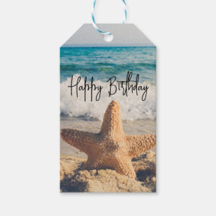 Starfish på en Sandy Beach Photogratography Birthd Presentetikett