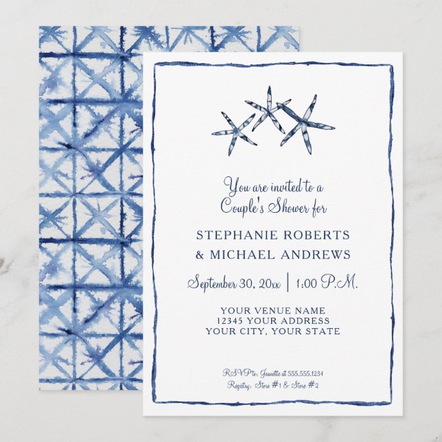 Starfish Par Shower Shibori Indigo Blue Beach Inbjudningar (Fram/baksida)