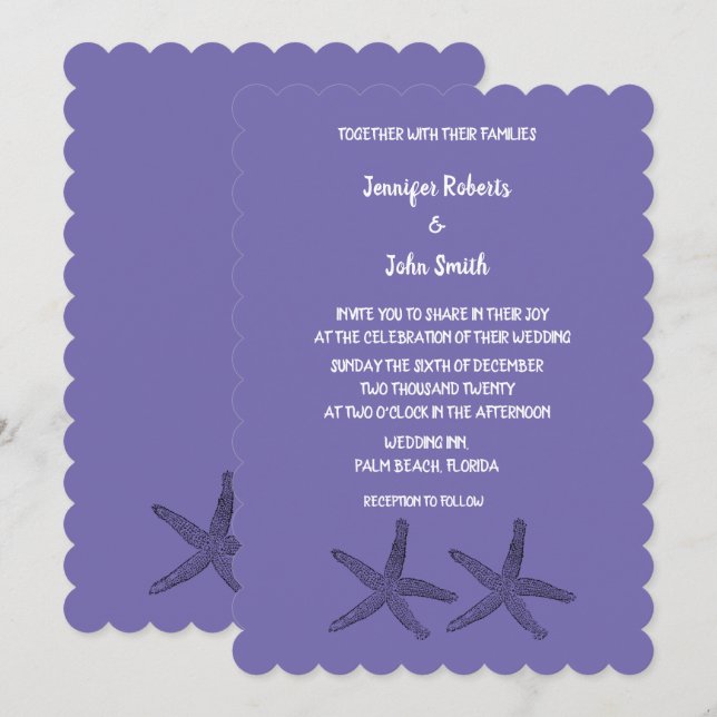 Starfish Patterns Purple White Cute Beach Wedding Inbjudningar (Fram/baksida)