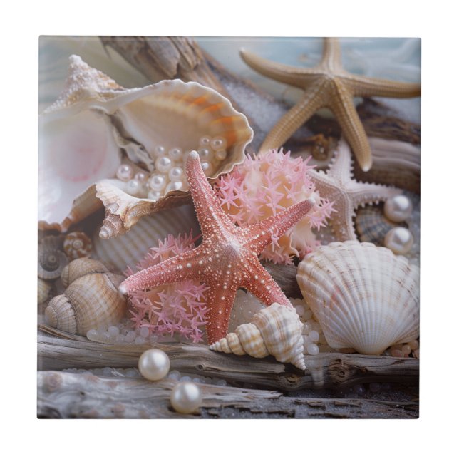 Starfish Pearls Seashells Driftwood Beach Kakelplatta (Framsidan)