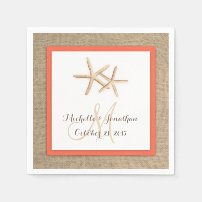 Starfish Rustic Burlap Beach Wedding Napkin Pappersservett (Framsidan)