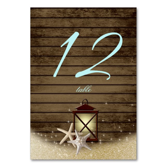Starfish Rustic Wood and Lantern Bordsnummer Card (Framsidan)