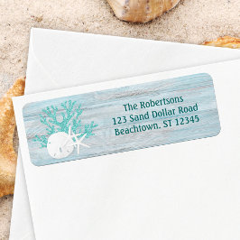 Starfish Sand Dollar Aqua Glitter Wood Returadress Etikett