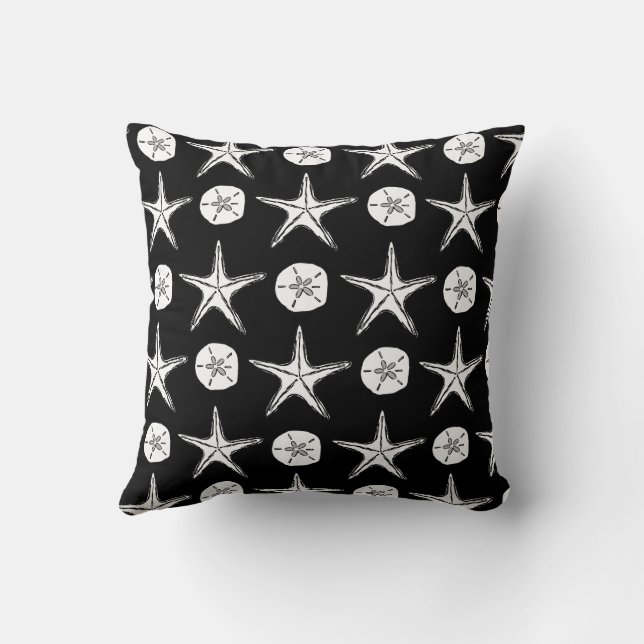 Starfish Sand Dollar Sketch Mönster på Black Kudde (Baksida)