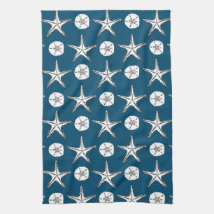 Starfish Sand Dollar Sketch Mönster på Ocean Blue Kökshandduk