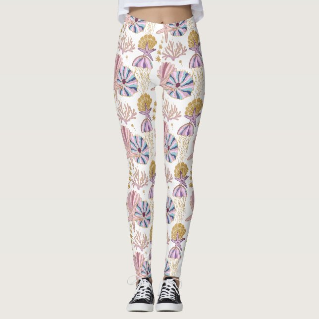 Starfish Seashell Blue Lila Rosa Ocean Nautical Leggings (Framsida)