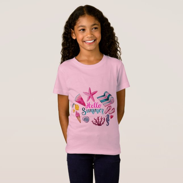 Starfish & Seashell Hello Summer Girls' Tee - Rosa (Hel framsida)
