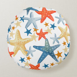 Starfish Seashell Mönster Blue Orange Coastal Rund Kudde