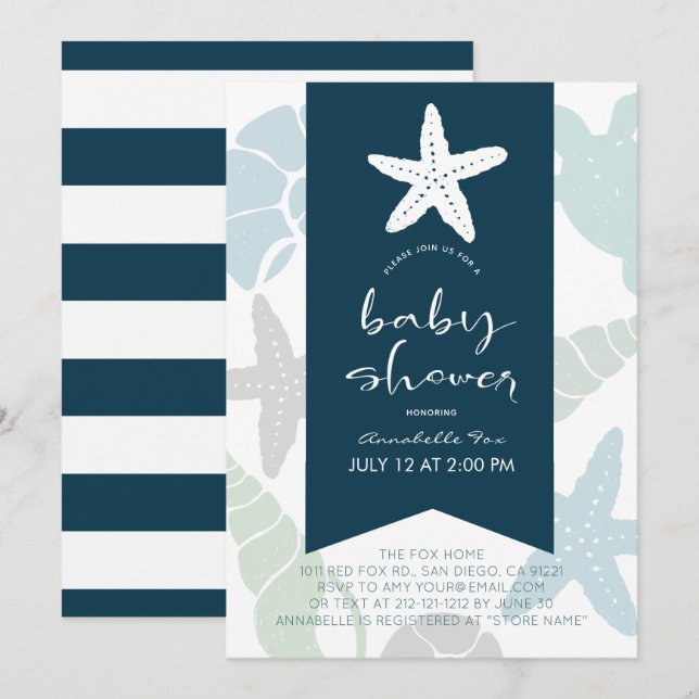 Starfish & Seashells Navy Blue Baby Shower Inbjudningar (Fram/baksida)