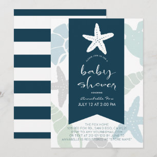 Starfish & Seashells Navy Blue Baby Shower Inbjudningar