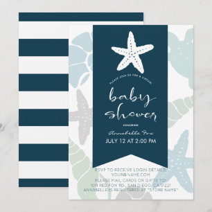 Starfish & Seashells Navy Blue Virtuell Baby Showe Inbjudningar