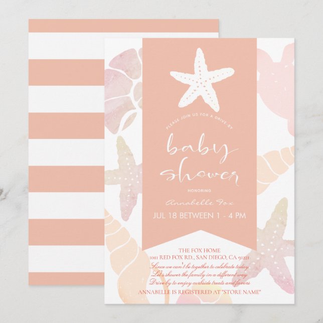 Starfish & Seashells Rosa Drive by Baby Shower Inbjudningar (Fram/baksida)