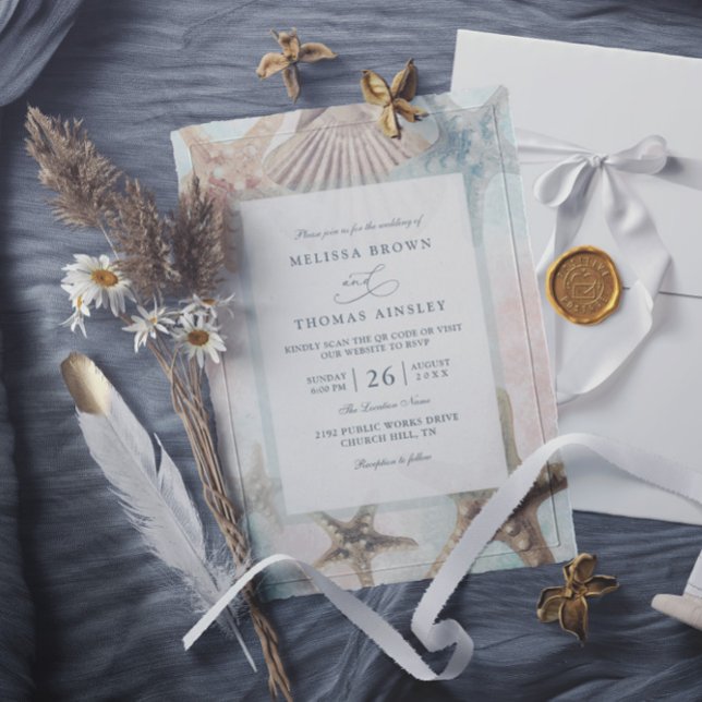Starfish Seashells Tropical Beach QR Code Wedding Inbjudningar (Skapare uppladdad)