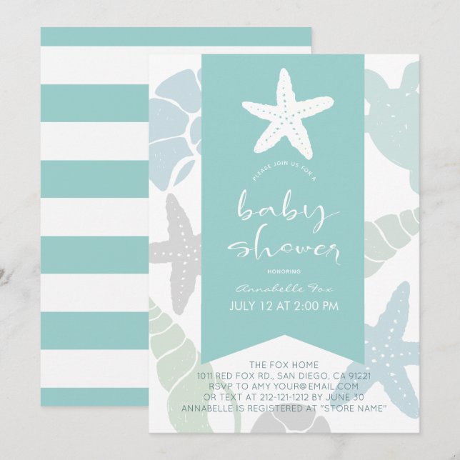 Starfish & Seashells Turcos Blue Baby Shower Inbjudningar (Fram/baksida)