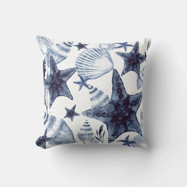 Starfish Shells Navy Blue And White Beachy Pattern Kudde (Framsida)