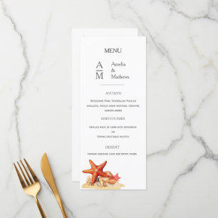 Starfish snäckas strand nautical bröllop Flat Menu Meny