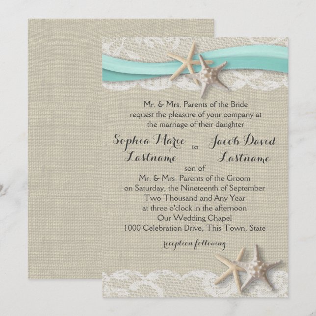 Starfish Snöre och Ribbon Inbjudningar (Fram/baksida)