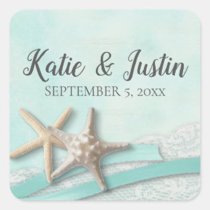 Starfish Snöre och Ribbon Romantic Beach Wedding Fyrkantigt Klistermärke