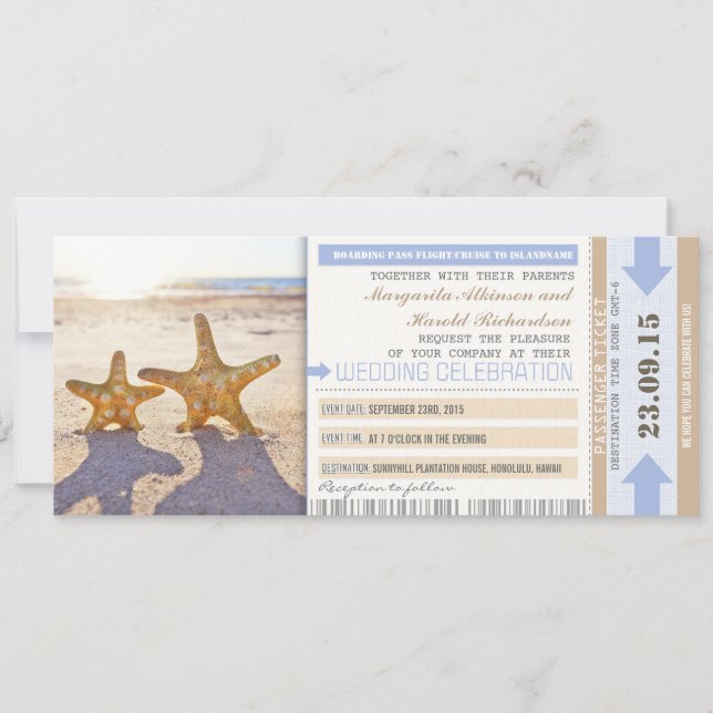 Starfish strand boarding pass bröllopsinbjudningar inbjudningar (Framsida)