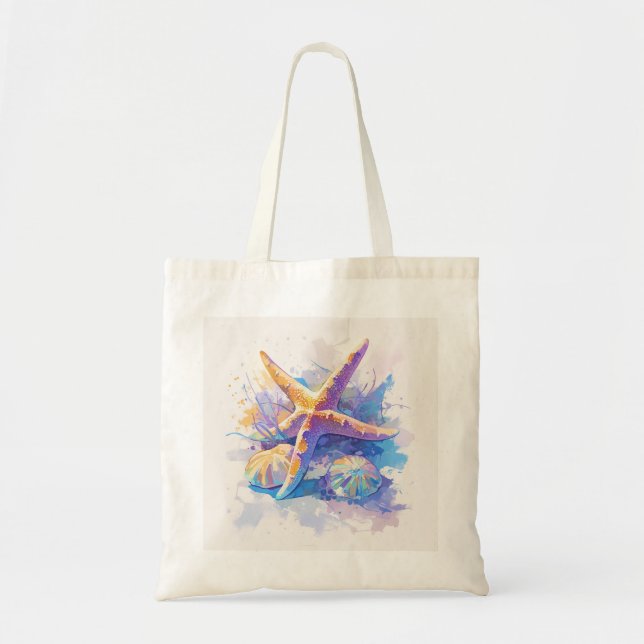 Starfish Watercolor Beach Tote Bag Tygkasse (Framsidan)