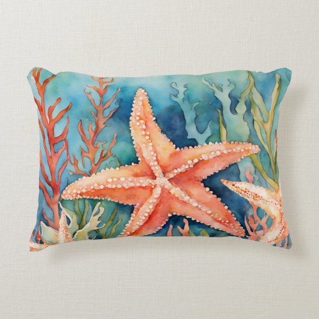 Starfish Watercolor Ocean Coastal Prydnadskudde (Framsidan)