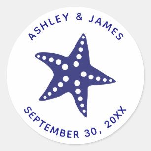 Starfish Wedding Stickers, Navy Blue Beach Theme Runt Klistermärke