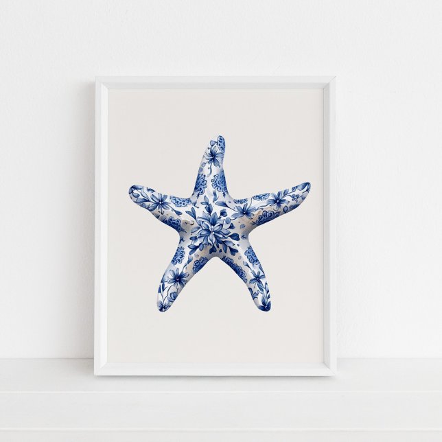 Starfisk - Kustblått på Beige Wall Art Poster (Starfish – Coastal Blue on Beige Wall Art in a white frame on the floor)