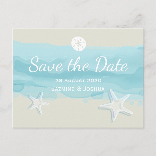 Starfisk, vattenfärgstrand/spara datumet meddelande vykort (Framsida)