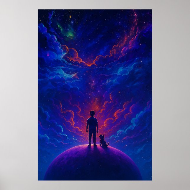 Stargazer Boy & Dog — Dreamy Cosmic Art Poster (Framsidan)