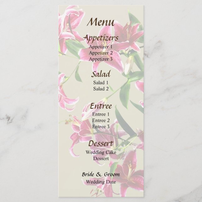 Stargazer Lilies Heart Bröllop Menu Meny (Framsida)