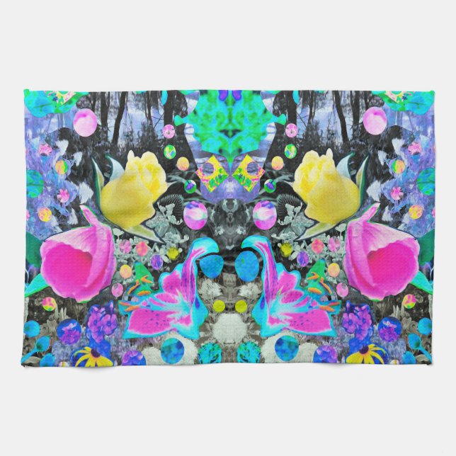 Stargazer-lilja, ros och rosa hibiskus collage kökshandduk (Horisontell)