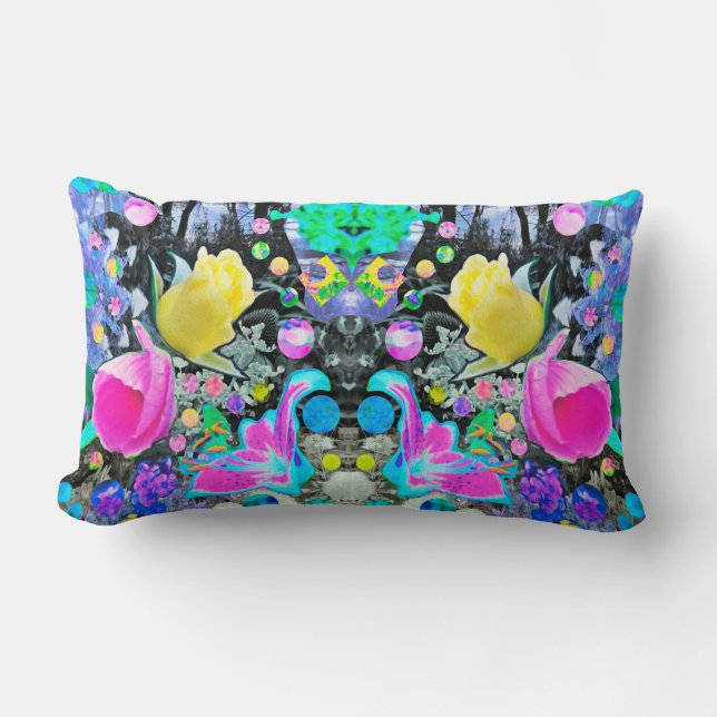 Stargazer-lilja, ros och rosa hibiskus collage lumbarkudde (Framsida)