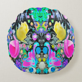 Stargazer-lilja, ros och rosa hibiskus collage rund kudde